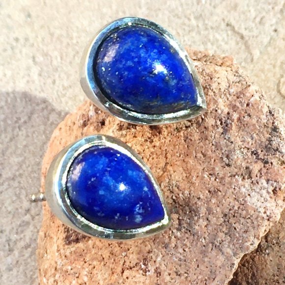 Genuine Lapis Lazuli .925 Stud Earrings Teardrop Pear-Shaped Sterling Silver - Picture 3 of 16